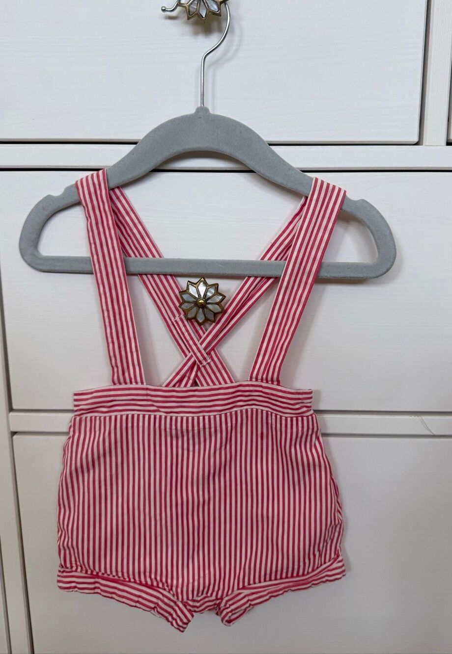 Jacadi 6 Month Baby Boy Red & White Suspenders with Bloomers Overalls